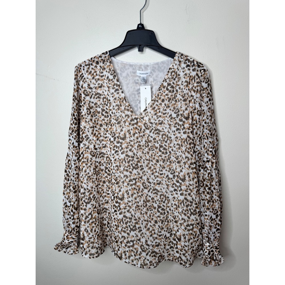 Calvin Klein Leopard Print V-Neck Ruffle Cuff Blouse Saddle Combo